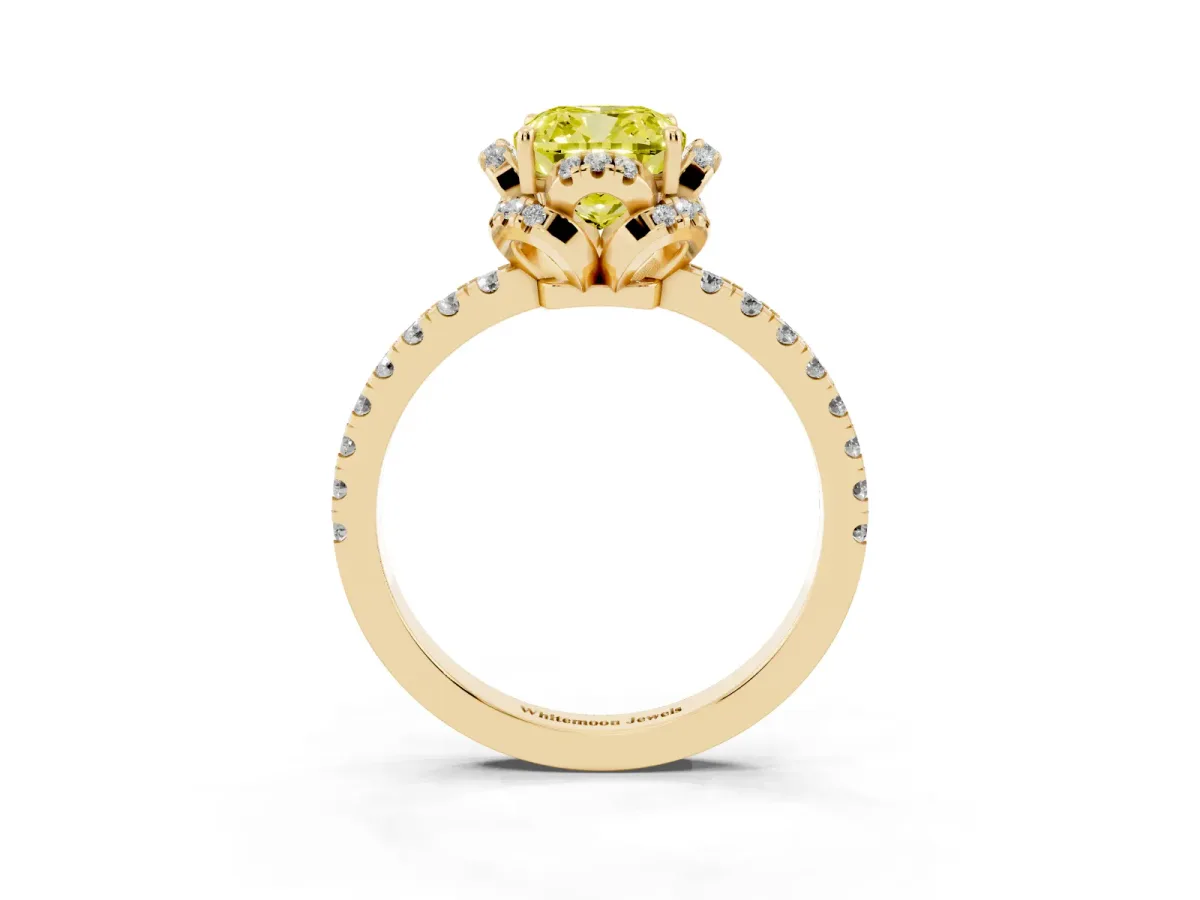 Fancy Yellow Cushion Cut Halo Diamond Pave Band Ring with Four-Prong Setting Yellow gold