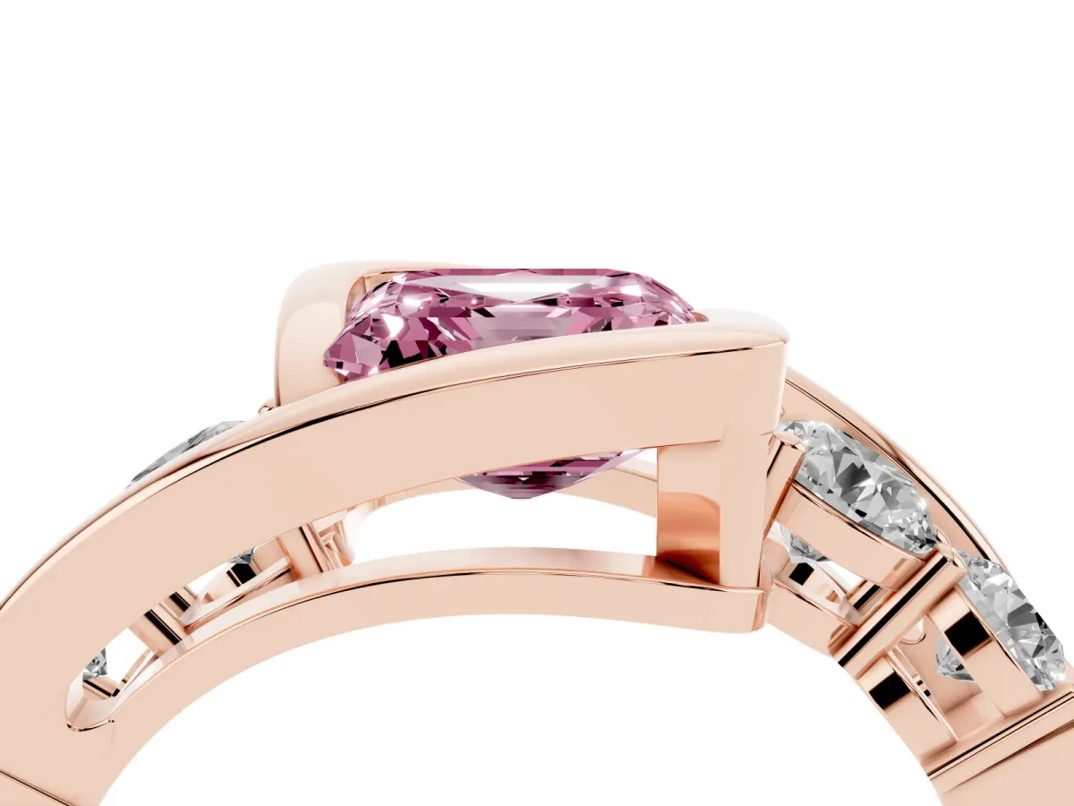 Fancy Pink Bezel Set Asscher Cut Diamond Bypass Ring with Round Accents Rose gold