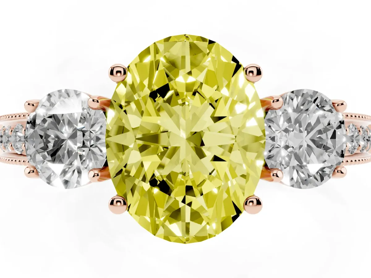 Fancy Yellow Oval Cut Three-Stone Diamond Ring with Pavé Band and Four-Prong Setting Rose gold
