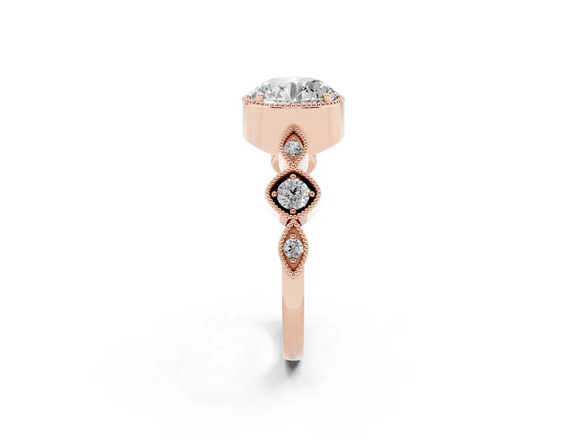 Round Cut Diamond Vintage Milgrain Ring with Round Stations Rose gold