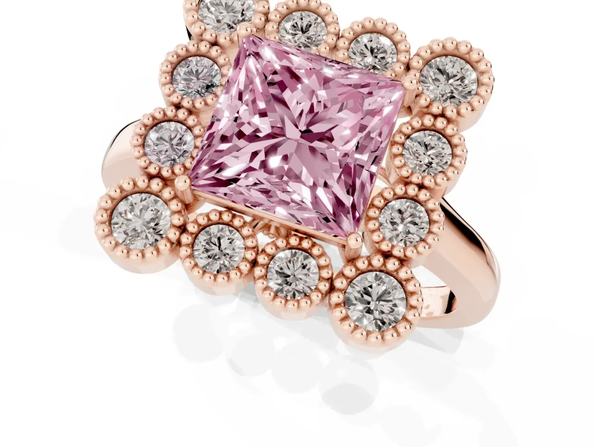 Fancy Pink Princess Cut Halo Diamond Cluster Engagement Ring with Milgrain Bezel Setting and Solitaire Band Rose gold