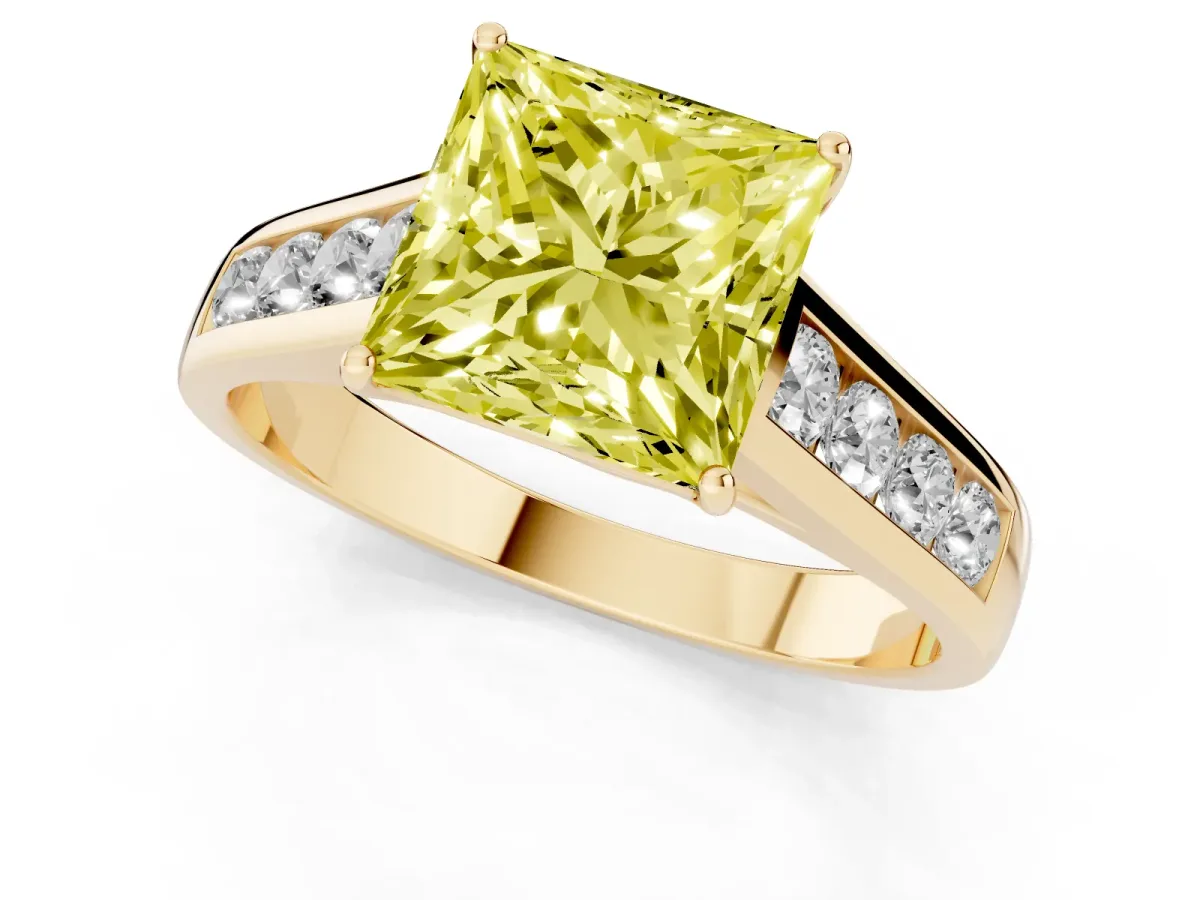 Fancy Yellow Princess Cut Solitaire Channel-Set Diamond Engagement Ring with Four-Prong Setting Yellow gold