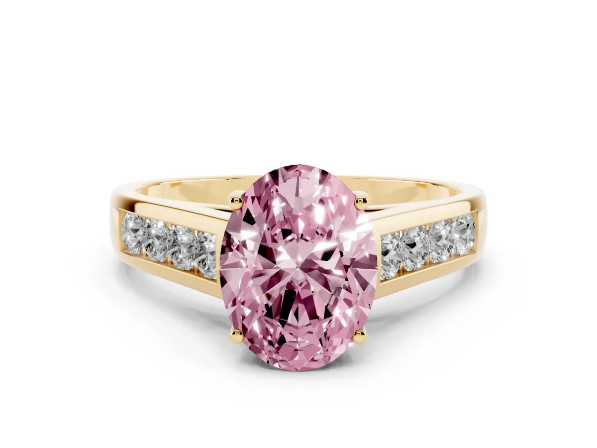 Fancy Pink Oval Cut Brilliant Channel-Set Solitaire Ring with Four-Prong Setting Yellow gold
