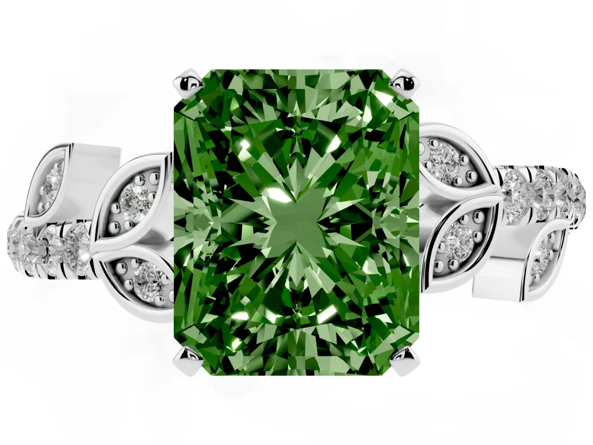 Fancy Green Radiant Cut Solitaire Leaf-Inspired Diamond Ring with Pavé Band and Four-Prong Setting Silver