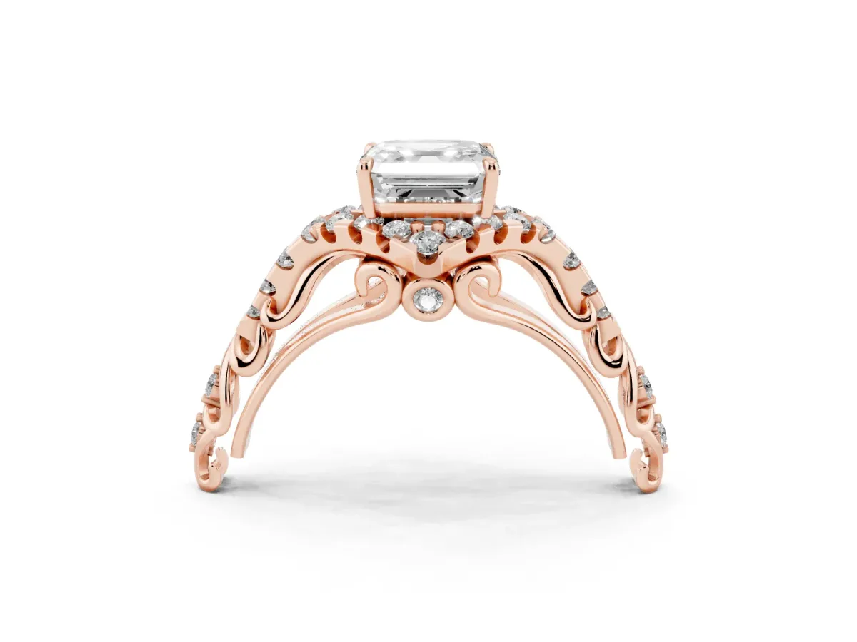 Asscher Cut Diamond Solitaire Ring with Hidden Halo and Pavé Band Rose gold