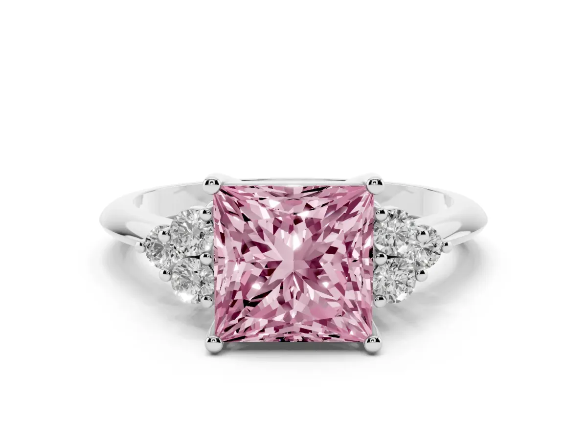 Fancy Pink Princess Cut Cut Diamond Cluster Ring with Solitaire Band and Four-Prong Setting Silver