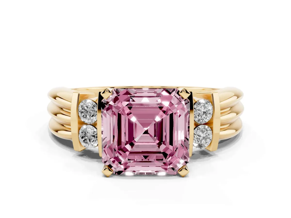 Fancy Pink Asscher Cut Cut Three-Stone Channel Set Ring with Bar Prongs Yellow gold