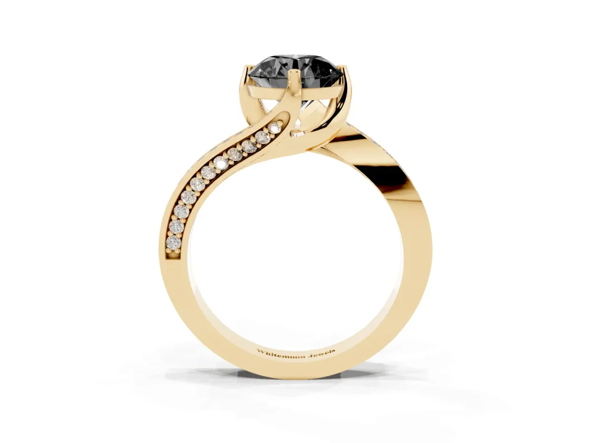Fancy Black Round Cut Solitaire Diamond Twist Band with Pavé Setting and Four-Prong Setting Yellow gold
