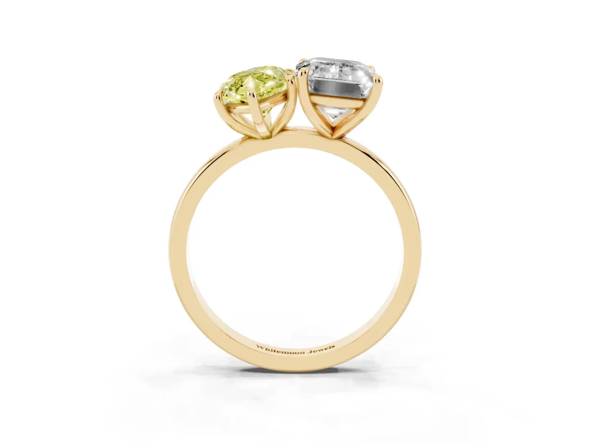 Fancy Yellow Marquise Cut and Emerald Cut Toi Moi Ring with Prong Setting Yellow gold
