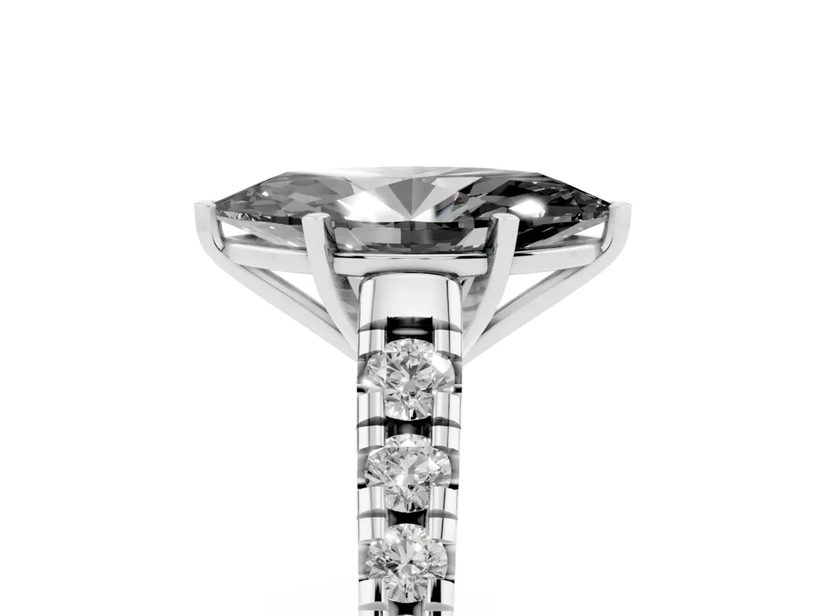 Fancy Black Marquise Cut Diamond Cathedral Solitaire Ring with Round Pavé Band Silver