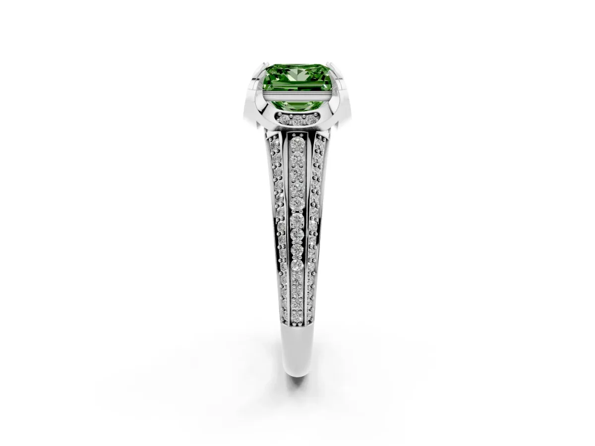 Fancy Green Princess Cut Solitaire Pave Split Shank Ring with Four-Prong Setting Silver