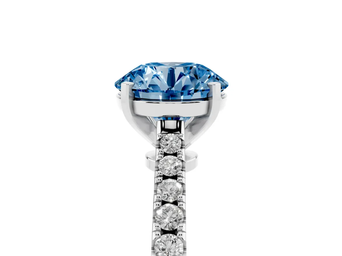 Fancy Blue Round Cut Cut Solitaire Diamond Engagement Ring with Pave Band and Four-Prong Setting Platinum