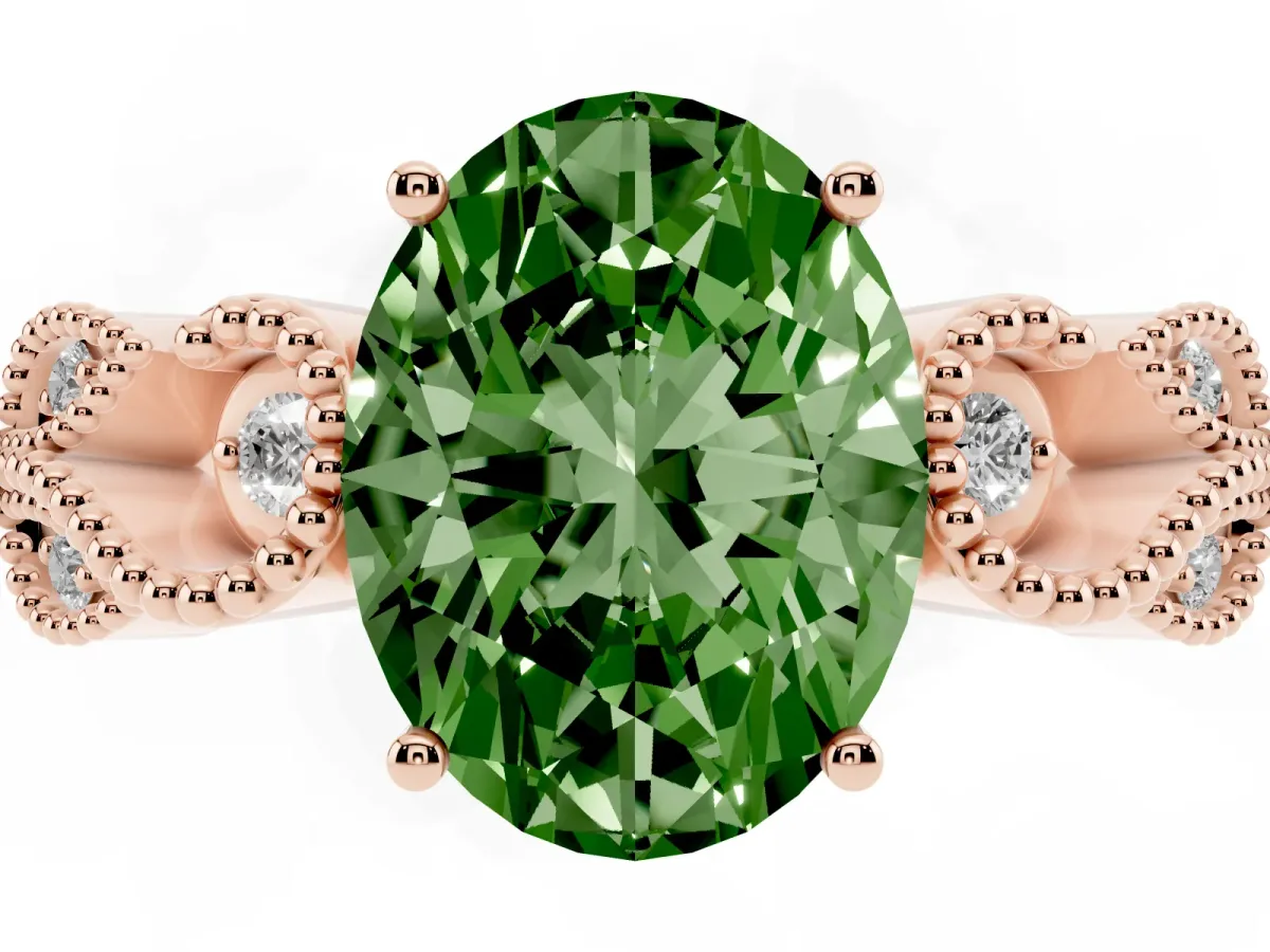 Fancy Green Oval Cut Solitaire Milgrain Leaf Band with Prong Setting Rose gold