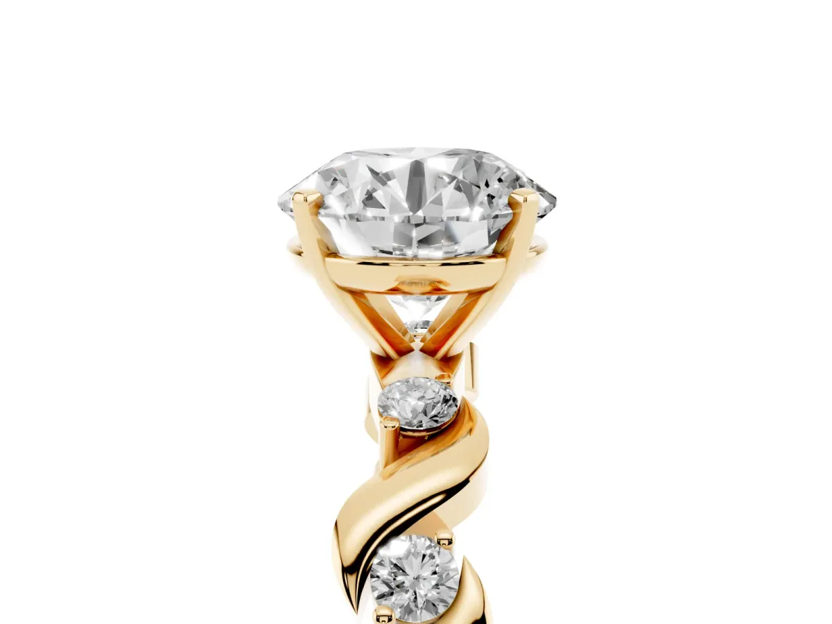 Round Cut Diamond Solitaire Twisted Band with Round Accents and Prong Setting Yellow gold