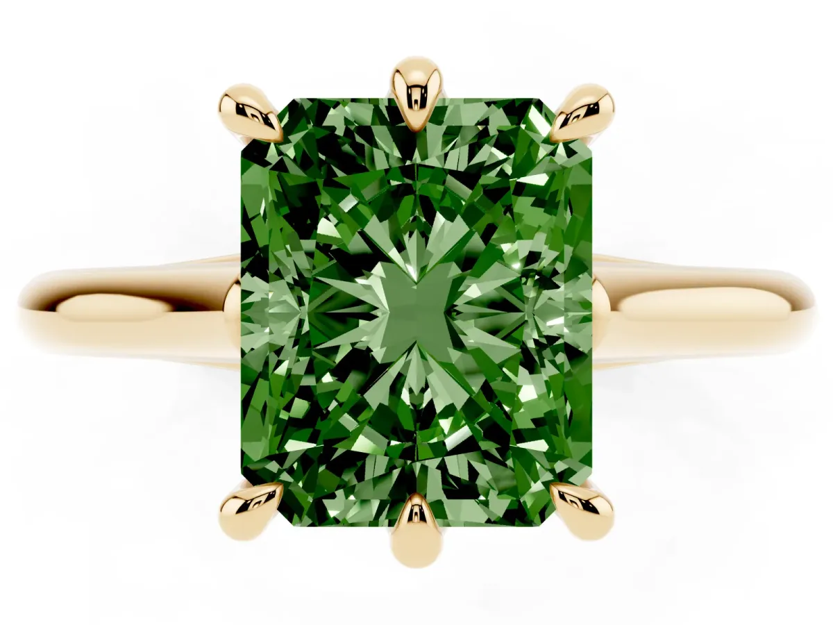 Fancy Green Radiant Cut Solitaire Engagement Ring with Six-Prong Setting and Classic Band Yellow gold