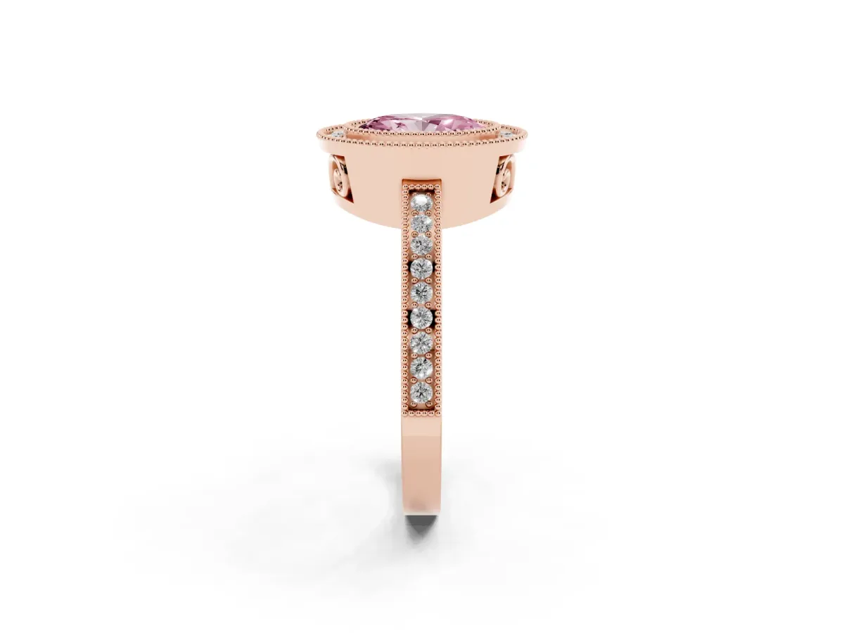 Fancy Pink Oval Cut Cut Halo Diamond Ring with Pavé Band and Milgrain Prong Setting Rose gold