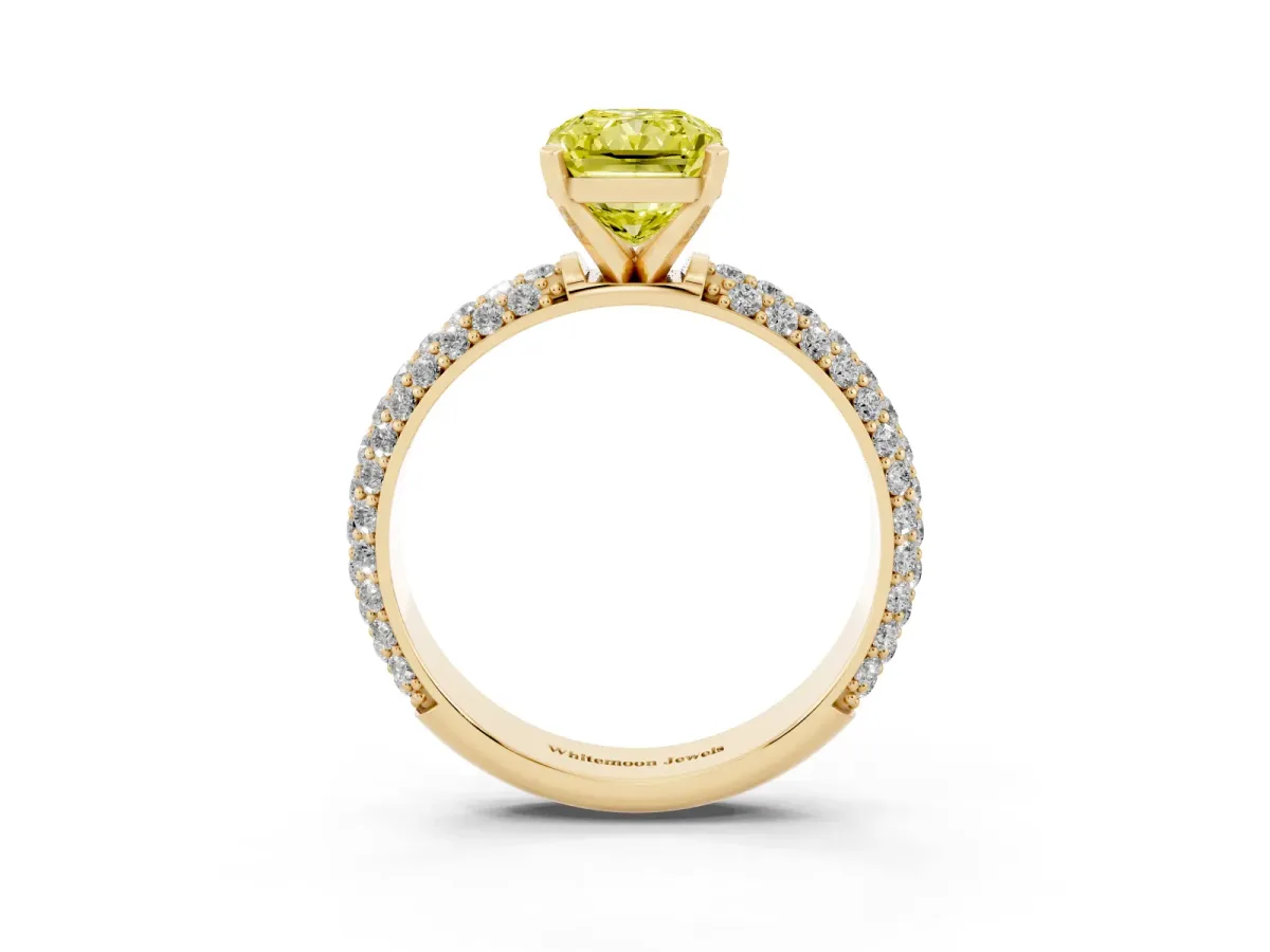 Fancy Yellow Radiant Cut Diamond Solitaire Ring with Prong Setting and Pavé Band Yellow gold