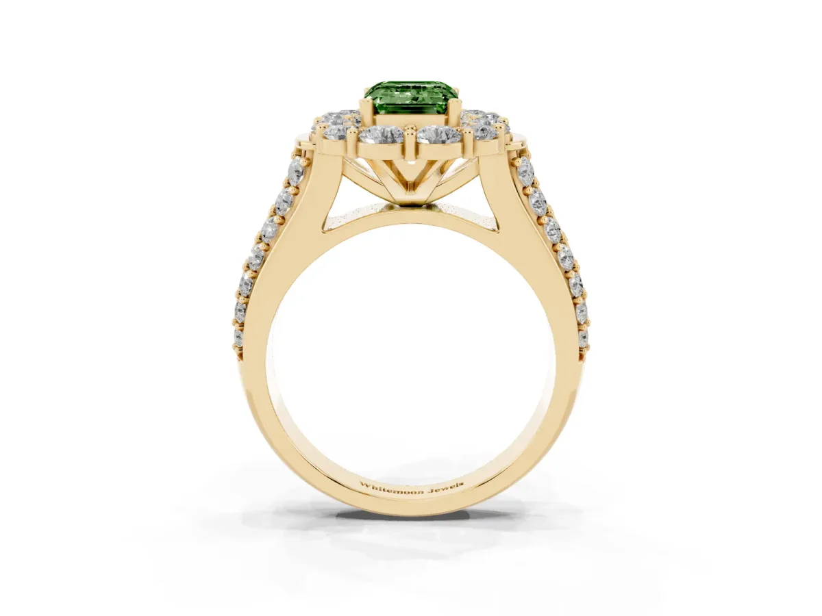 Fancy Green Emerald Cut Halo Diamond Engagement Ring with Split Shank and Prong Setting Yellow gold