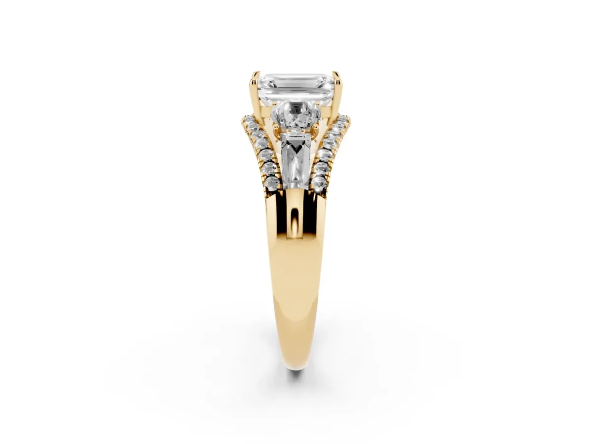 Three-Stone Emerald Cut Diamond Engagement Ring with Pave Band and Prong Setting Yellow gold