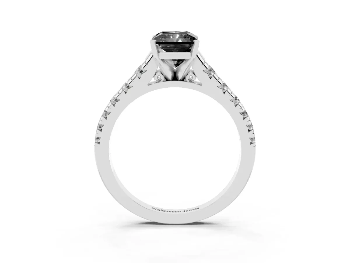 Fancy Black Radiant Cut Diamond Cathedral Solitaire Ring with Round Pavé Band Silver