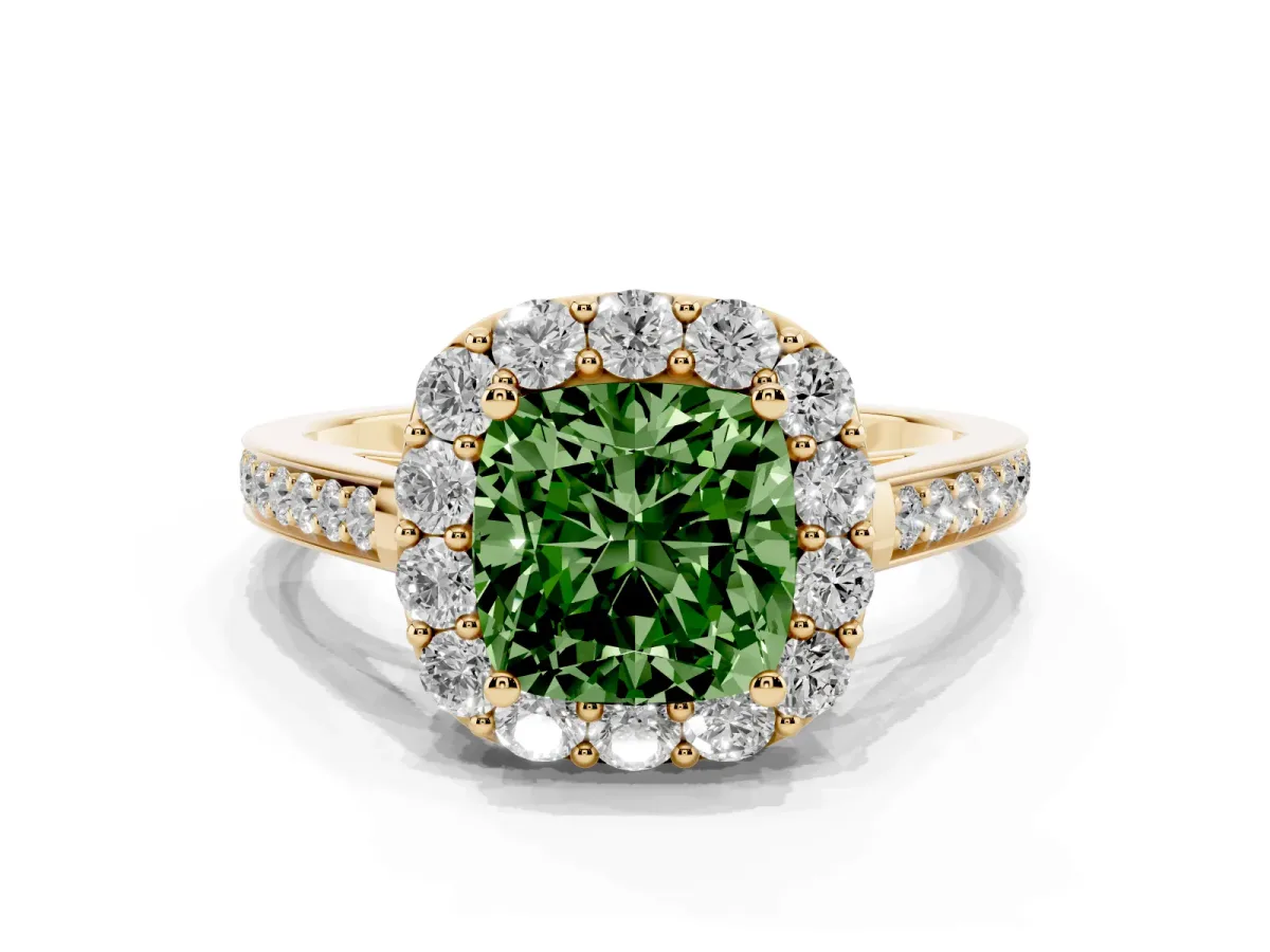 Fancy Green Cushion Cut Diamond Floral Halo Ring with Pavé Band and Prong Setting Yellow gold