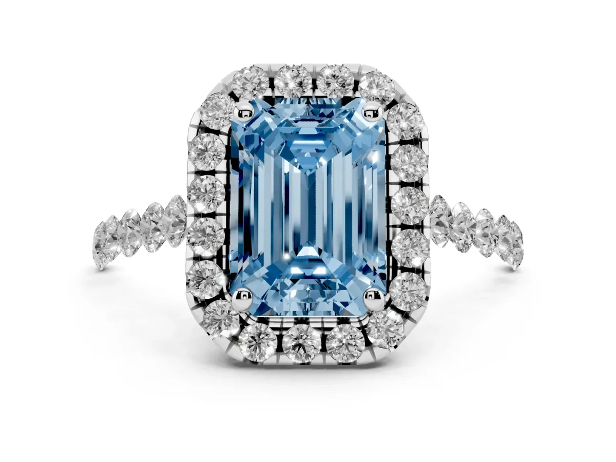 Fancy Blue Emerald Cut Halo Pavé Diamond Engagement Ring with Four-Prong Setting Silver