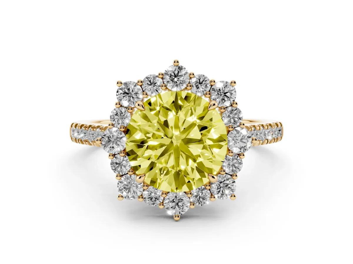 Fancy Yellow Round Cut Halo Diamond Ring with Pavé Band and Prong Setting Yellow gold