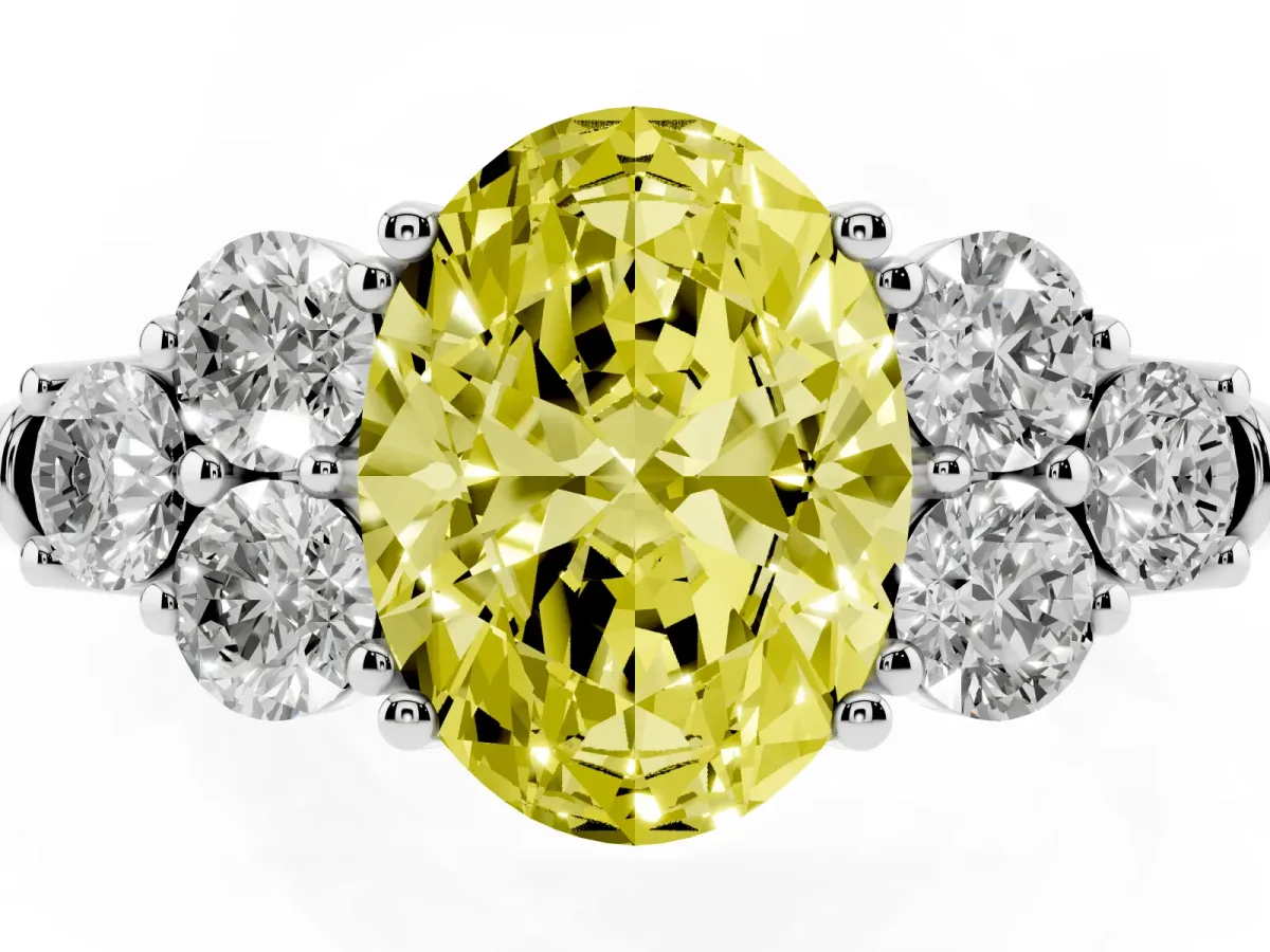 Fancy Yellow Oval Cut Cut Diamond Cluster Ring with Round Accent Stones and Prong Setting on a Classic Band Platinum