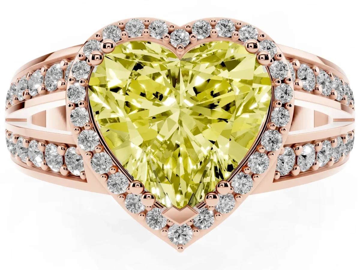 Fancy Yellow Heart Cut Diamond Halo Ring with Split Shank Pavé Band and Four-Prong Setting Rose gold