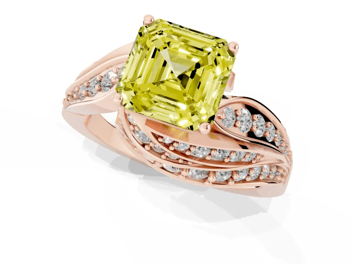 Fancy Yellow Asscher Cut Diamond Solitaire Ring with Prong Setting and Twisted Pavé Band Rose gold