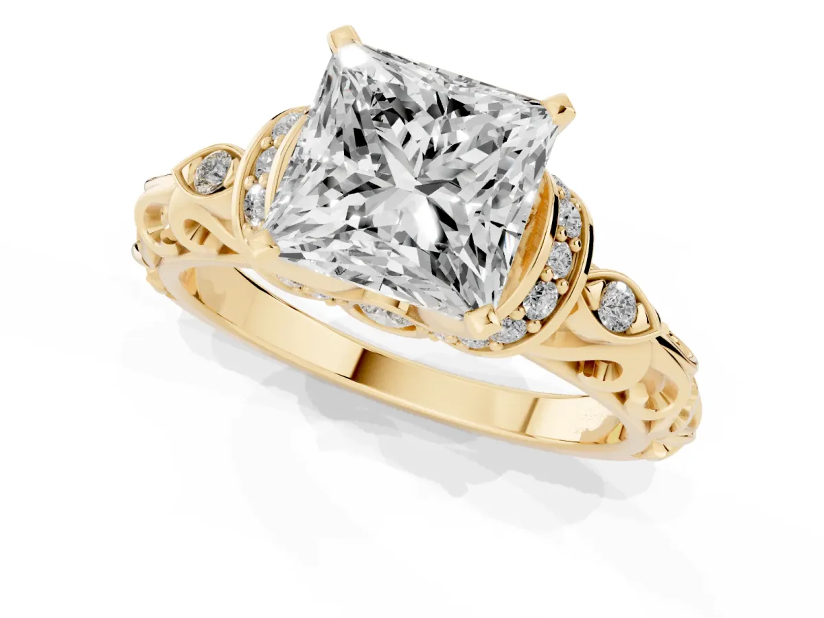 Princess Cut Diamond Solitaire Ring with Filigree Band and Four-Prong Setting Yellow gold