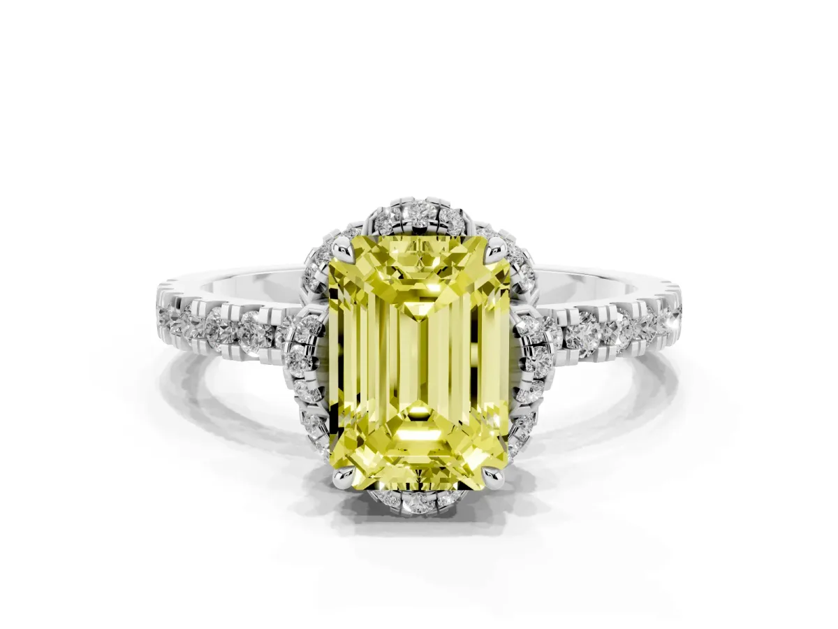Fancy Yellow Emerald Cut Diamond Halo Pave Band with Four-Prong Setting Silver