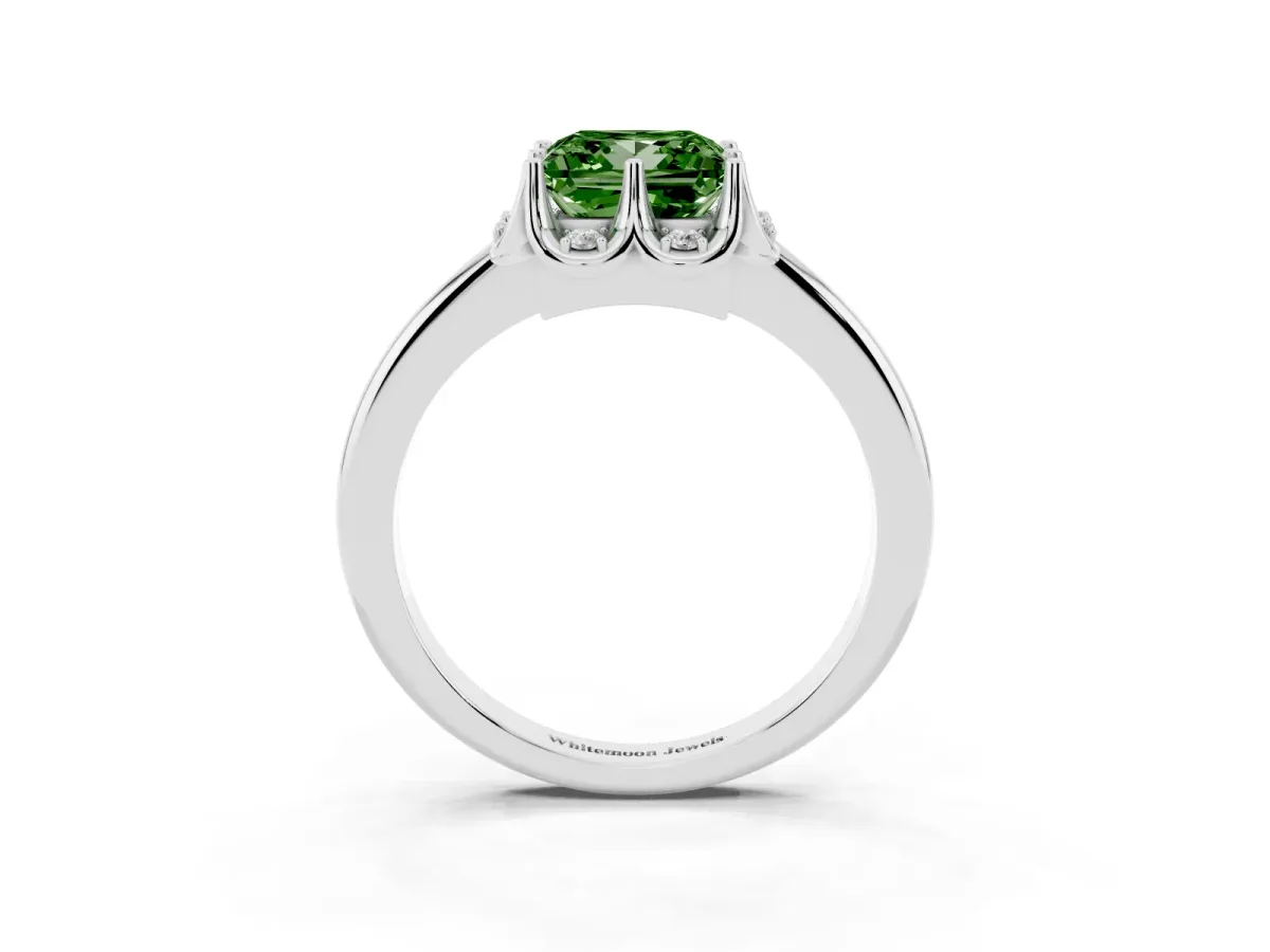 Fancy Green Princess Cut Halo Diamond Ring with Round Cluster Setting, Solitaire Band, and Four-Prong Setting White gold