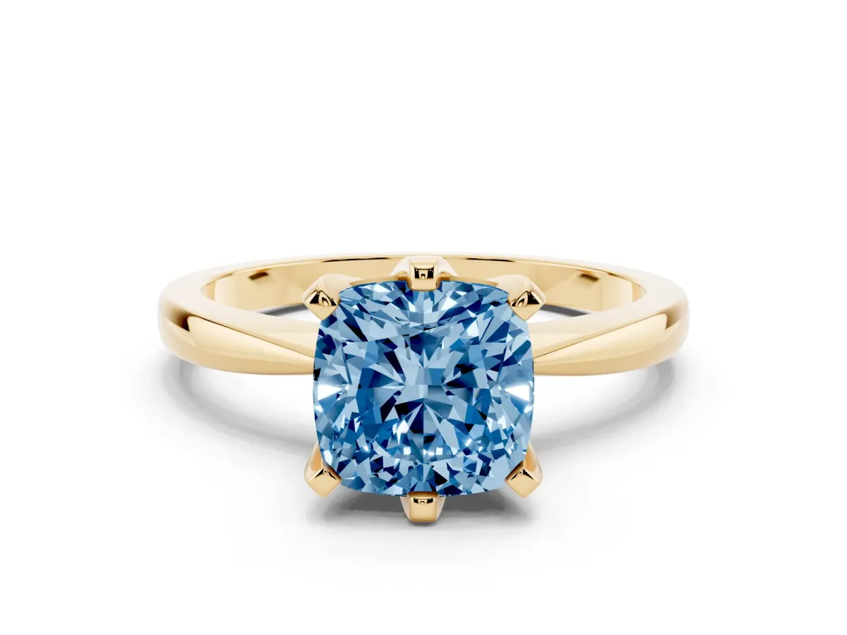 Fancy Blue Cushion Cut Solitaire Engagement Ring with Six-Prong Setting and Tapered Band Yellow gold