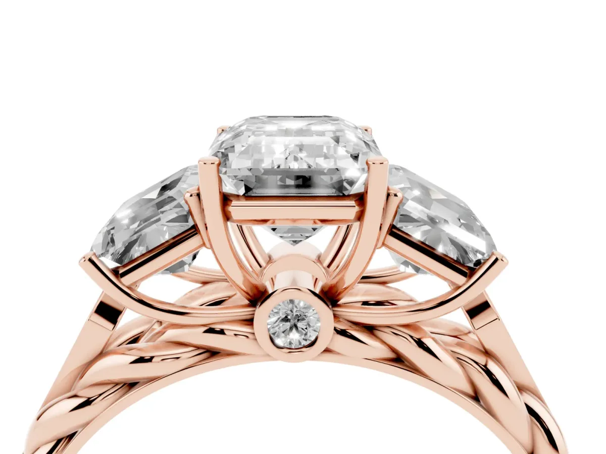 Three-Stone Radiant Cut Diamond Braided Band Ring with Four-Prong Setting Rose gold