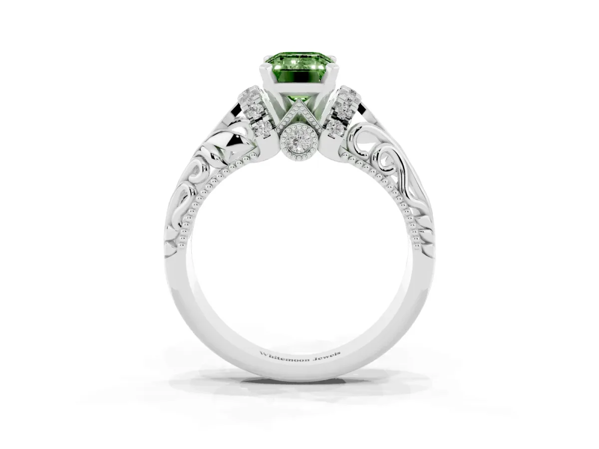 Fancy Green Emerald Cut Solitaire Filigree Engagement Ring with Halo and Prong Setting Platinum
