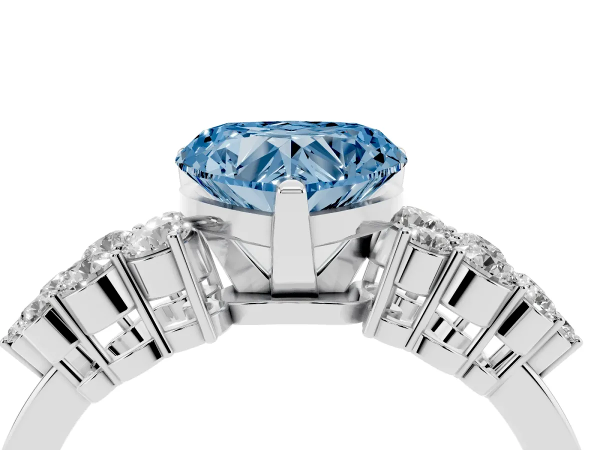Fancy Blue Heart Cut Cluster Diamond Engagement Ring with Pavé Band and Four-Prong Setting Platinum