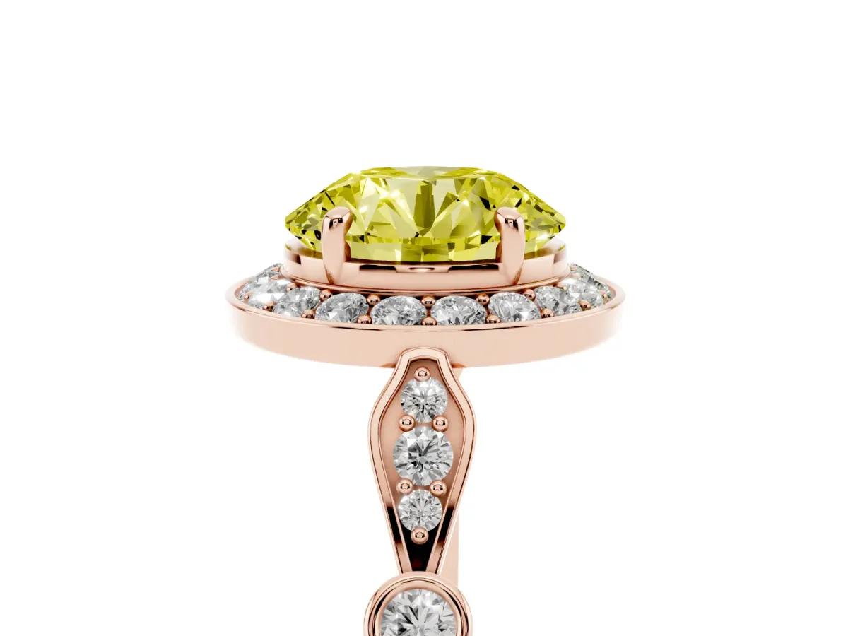 Fancy Yellow Round Cut Halo Diamond Engagement Ring with Twisted Band and Four-Prong Setting Rose gold