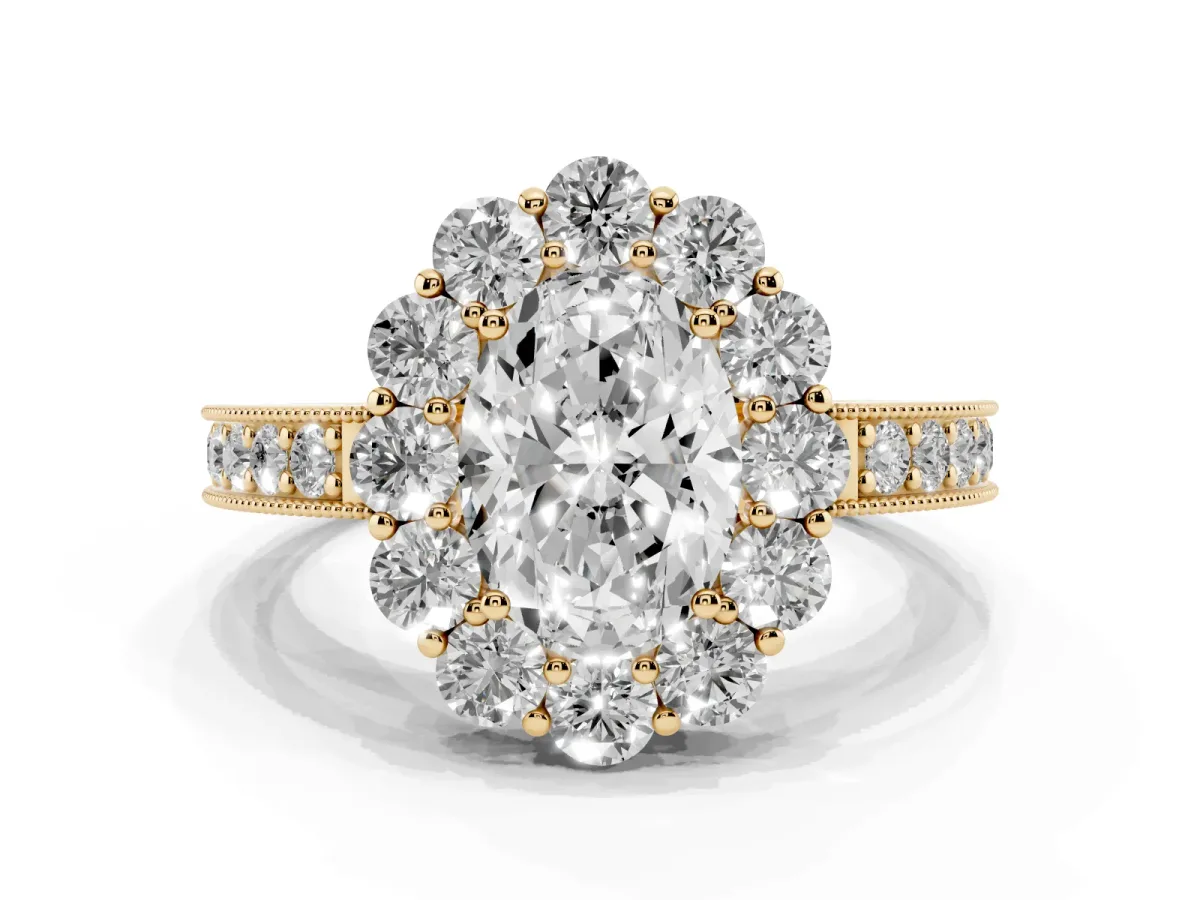Oval Cut Cut Halo Diamond Pavé Engagement Ring with Milgrain Detailing Yellow gold
