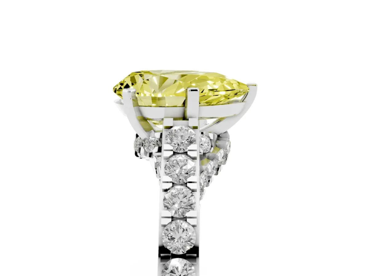 Fancy Yellow Pear Cut Diamond Solitaire Ring with Crossover Gallery and Round Pavé Band Silver