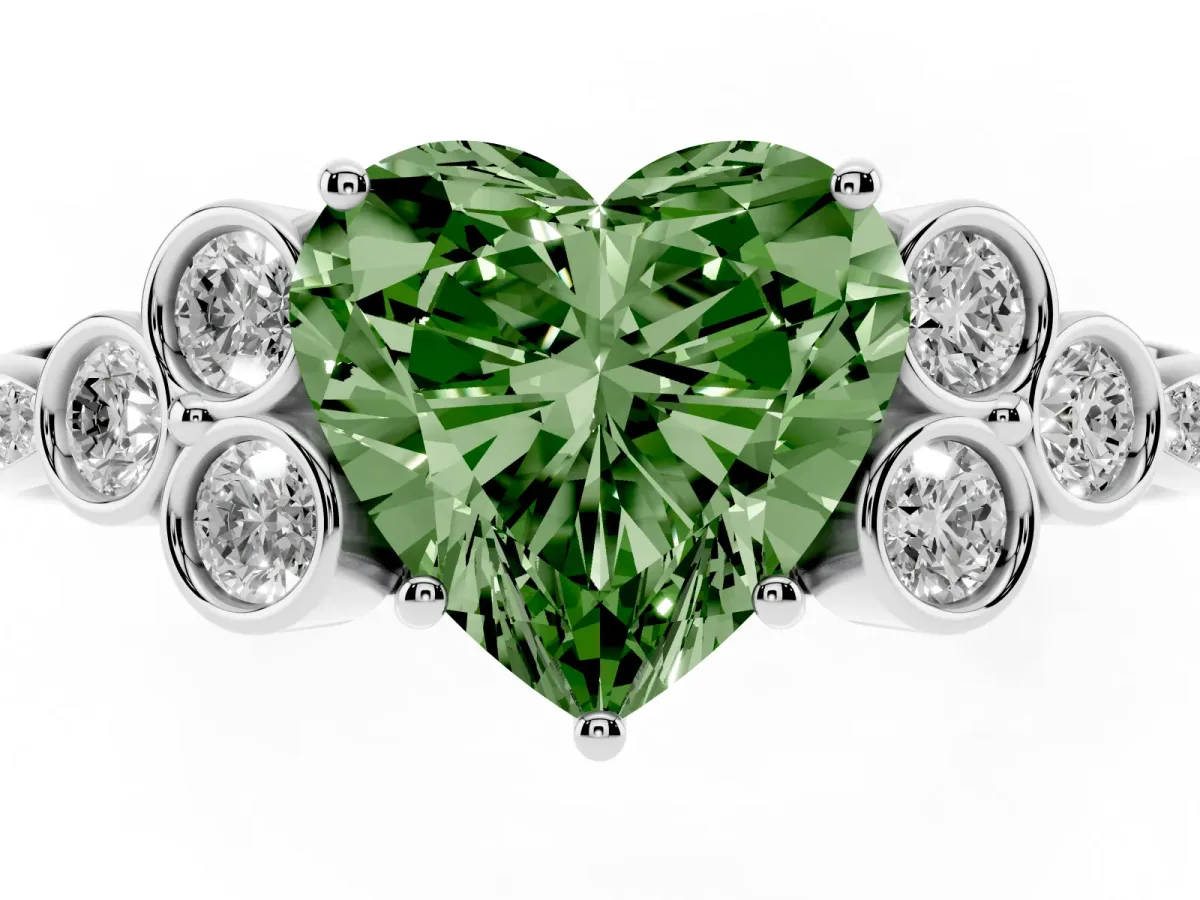 Fancy Green Heart Cut Cut Diamond Engagement Ring with Bezel Set Round Side Stones and Prong Setting Platinum