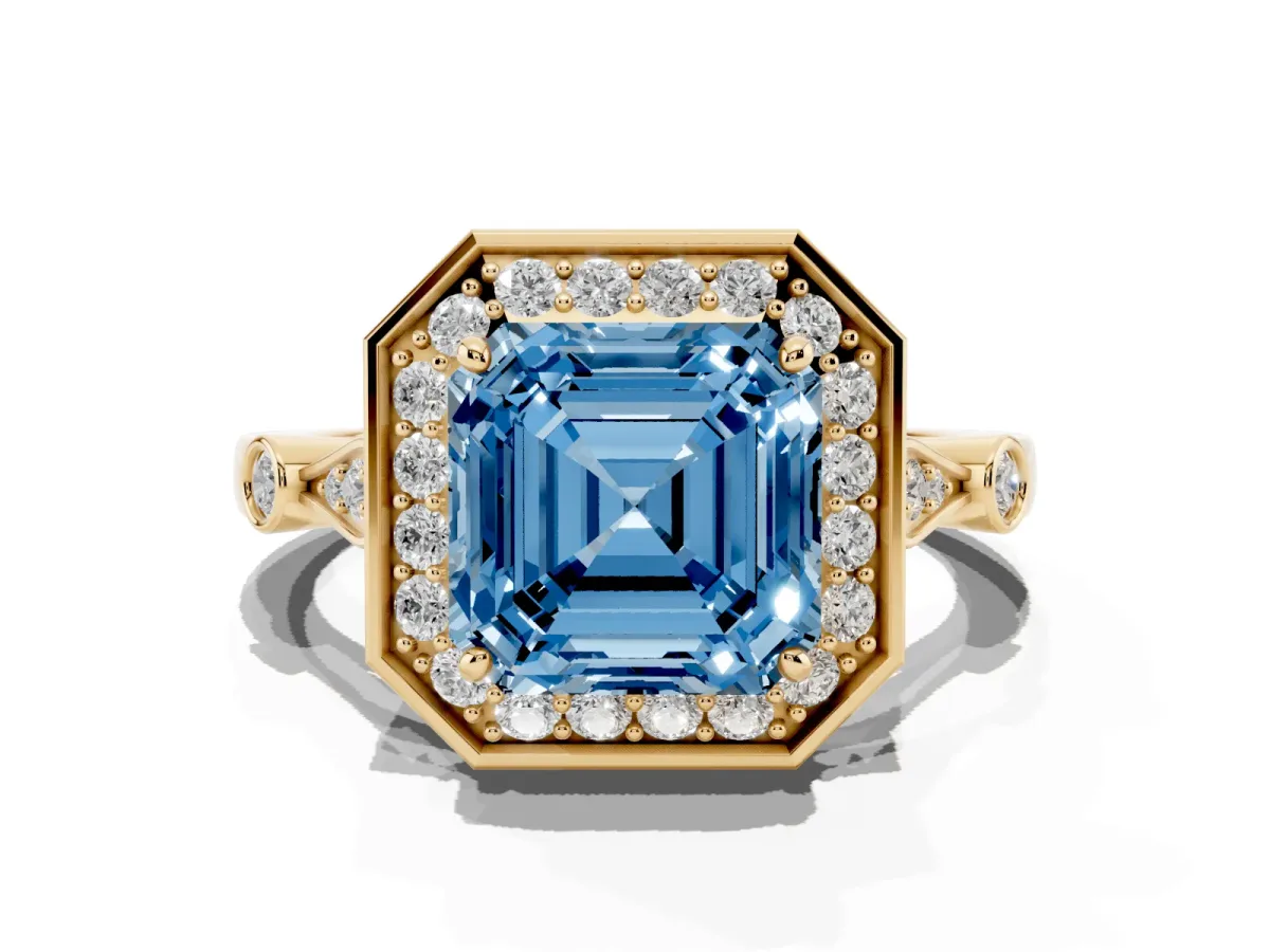 Fancy Blue Asscher Cut Halo Diamond Engagement Ring with Twisted Band and Four-Prong Setting Yellow gold