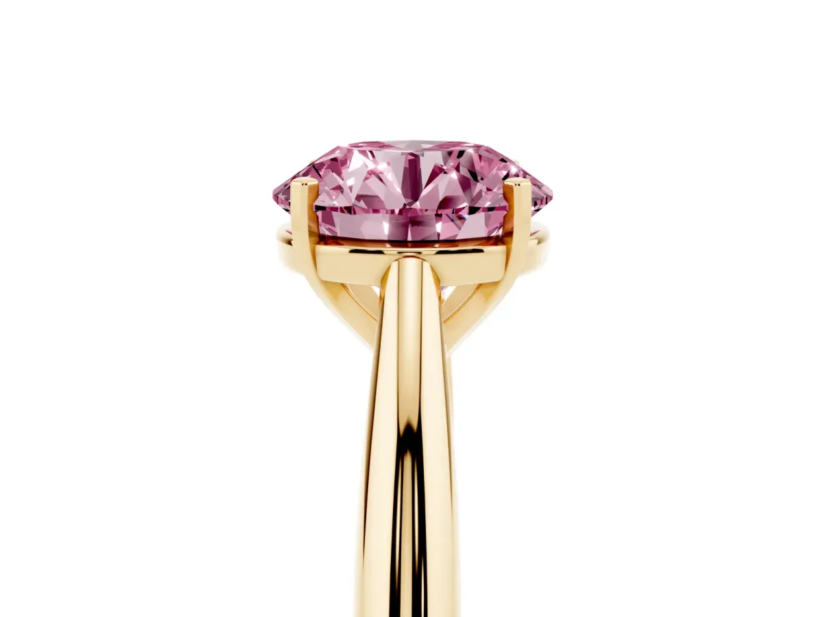 Fancy Pink Round Cut Diamond Solitaire Engagement Ring with Cathedral Setting and Four-Prong Mount Yellow gold