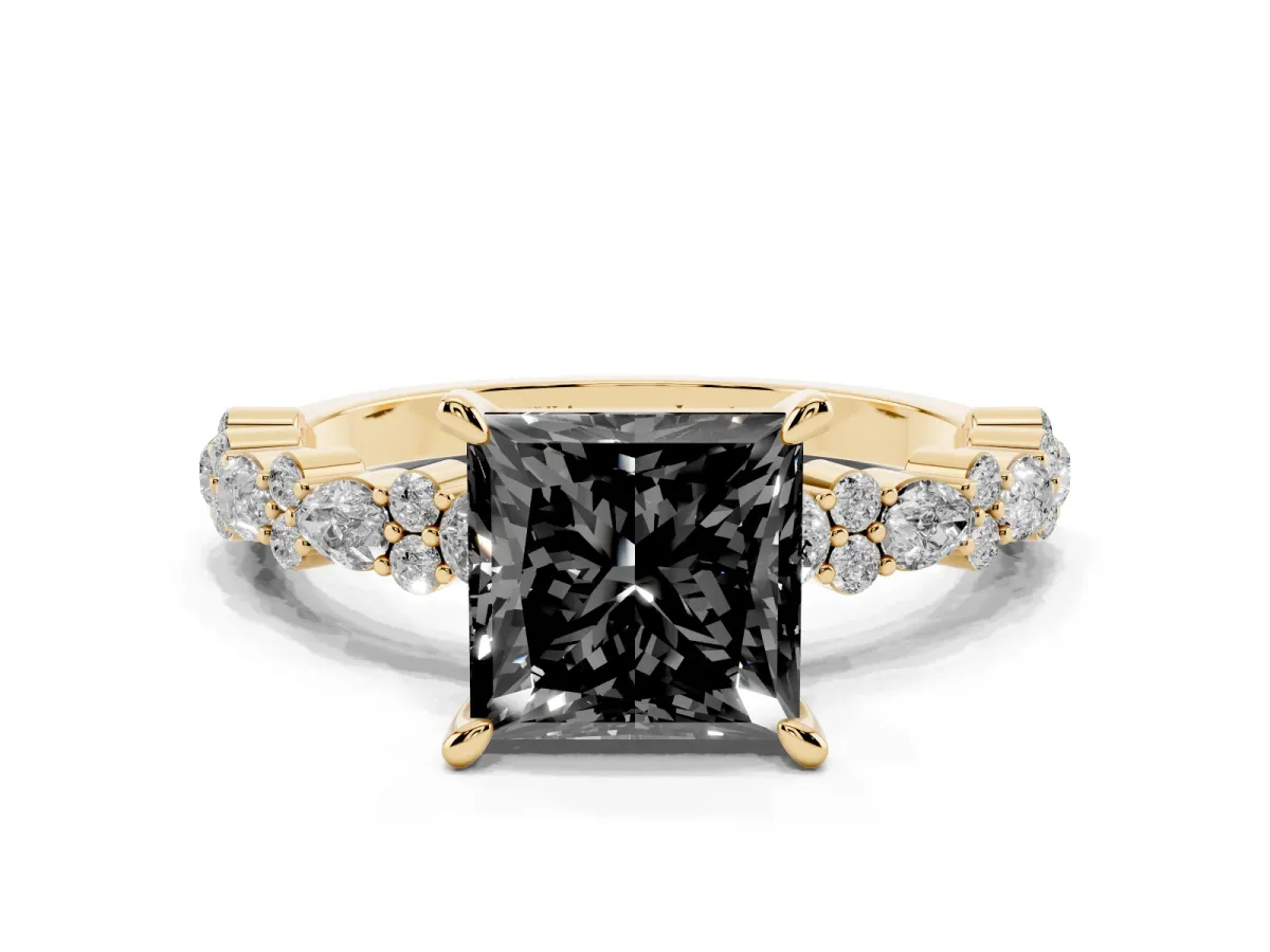 Fancy Black Princess Cut Diamond Side Stone Solitaire Ring with Round and Four-Prong Setting Yellow gold