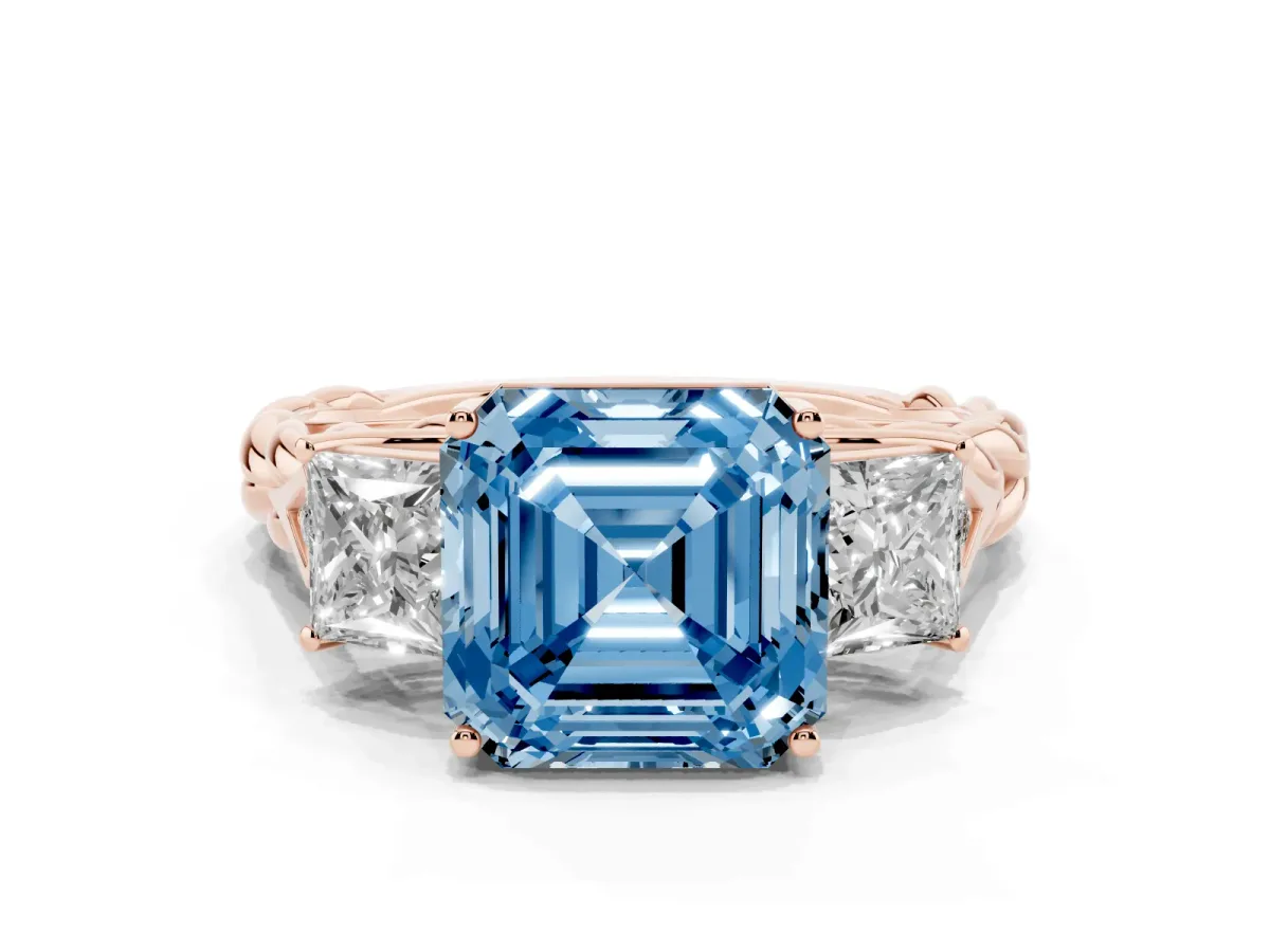 Fancy Blue Three-Stone Asscher Cut Diamond Braided Band Ring with Four-Prong Setting Rose gold