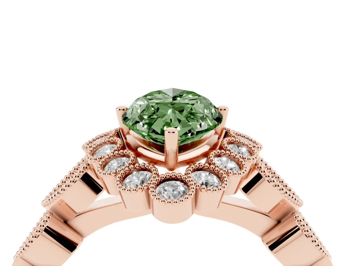 Fancy Green Marquise Cut Brilliant Milgrain Pave Heart Band Solitaire Ring Rose gold