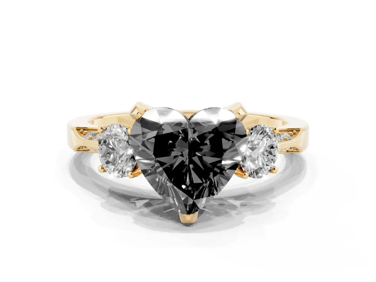 Fancy Black Heart Cut Brilliant Three-Stone Diamond Ring with Pavé Band and Four-Prong Setting Yellow gold