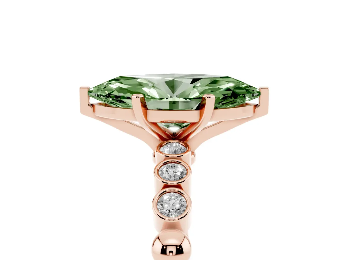 Fancy Green Marquise Cut Solitaire Bezel Accent Diamond Engagement Ring with Beaded Band and Four-Prong Setting Rose gold