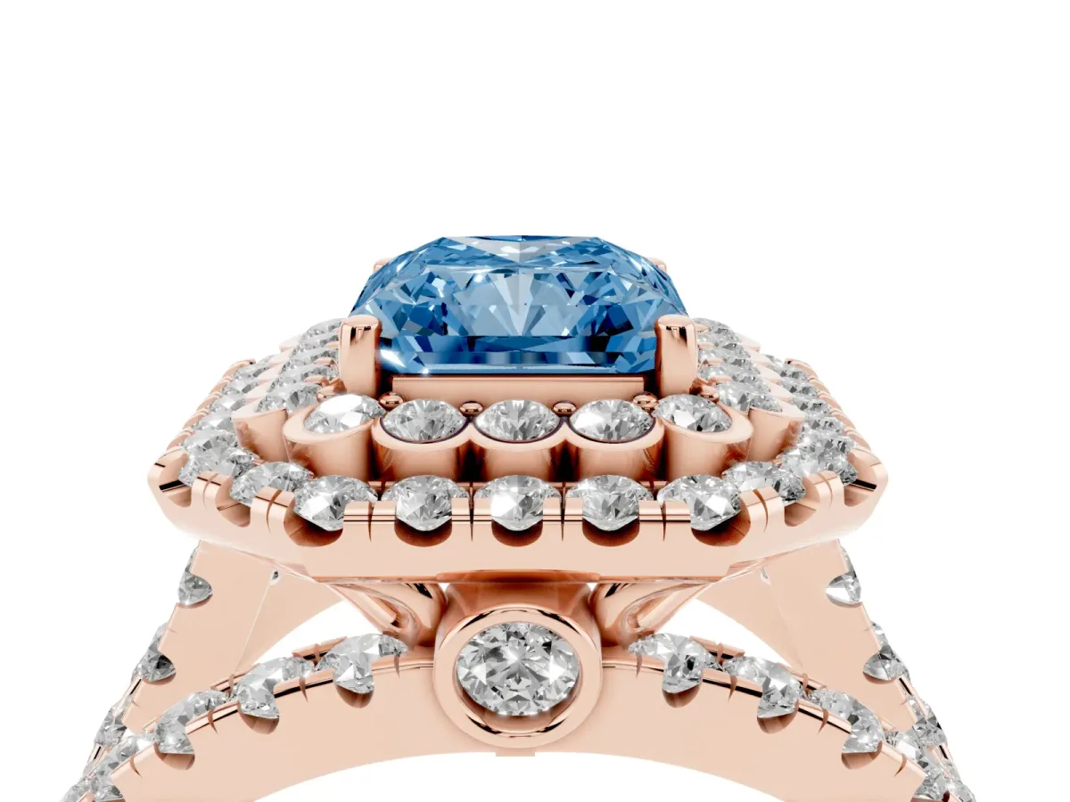 Fancy Blue Radiant Cut Diamond Double Halo Ring with Round Pavé Split Shank and Prong Setting Rose gold