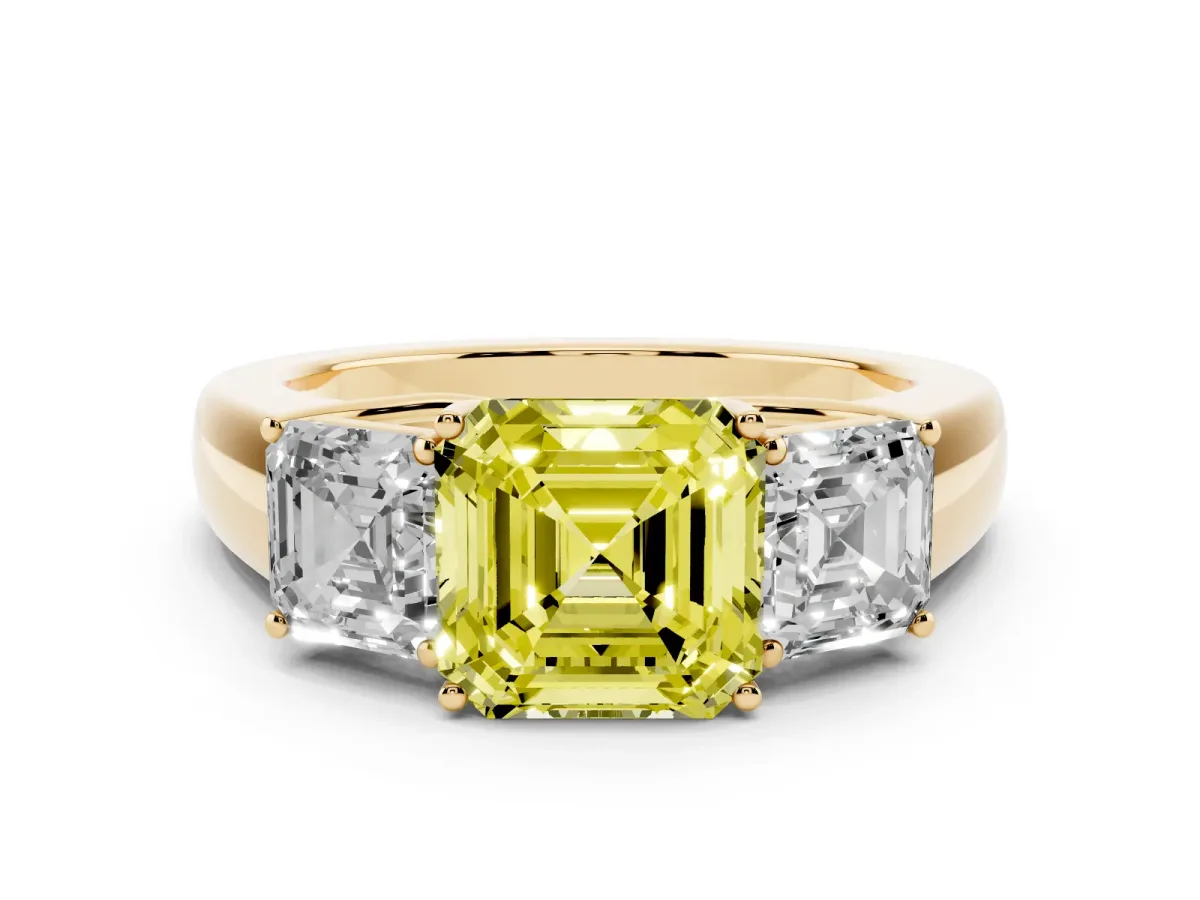 Fancy Yellow Three-Stone Asscher Cut Cut Diamond Ring with Prong Setting and Classic Band Yellow gold